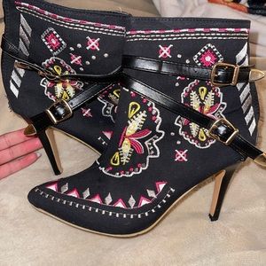 Ankle wrapped, colorful stiletto boots/booties.